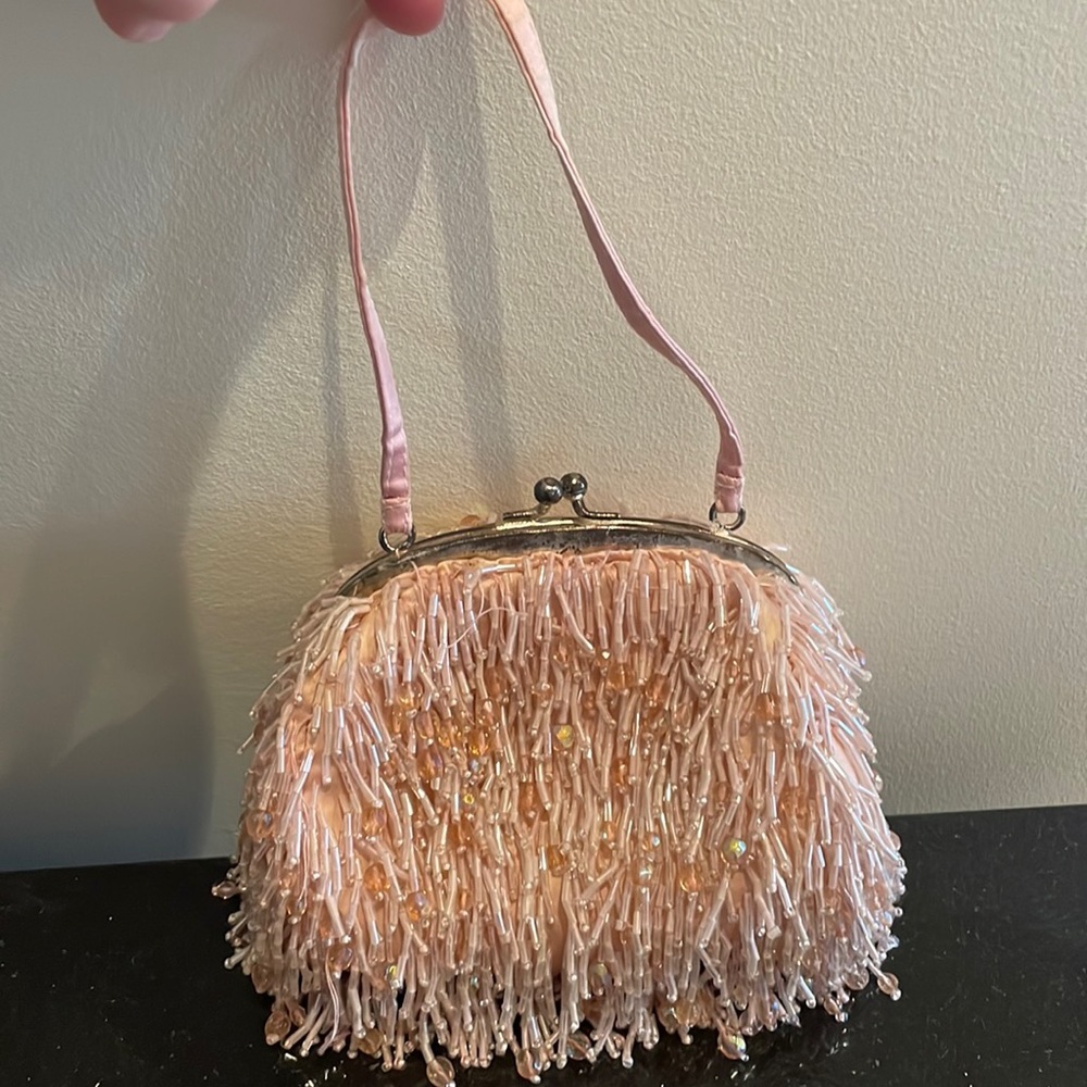 Santi Italian, clutch pink beaded purse with fringe. EUC, made in Italy